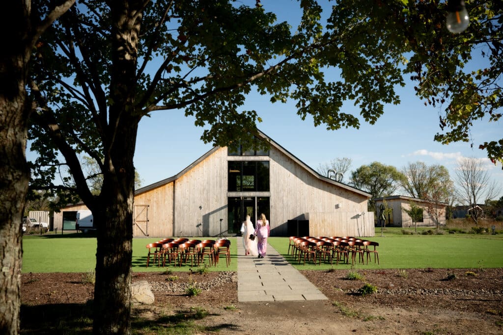 the wedding ceremony set up in front of Maple Alley at Wild Flower Farms in Gardiner NY