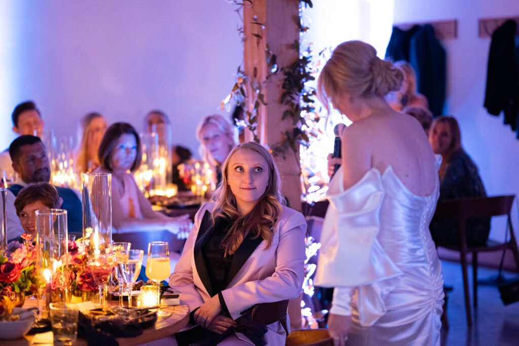 bride gives a speech wedding at Wild Flower Farms wedding in Gardiner NY