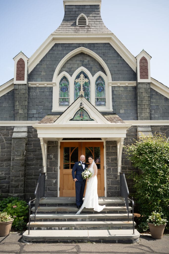 bride & groom portrait outside St John Darien